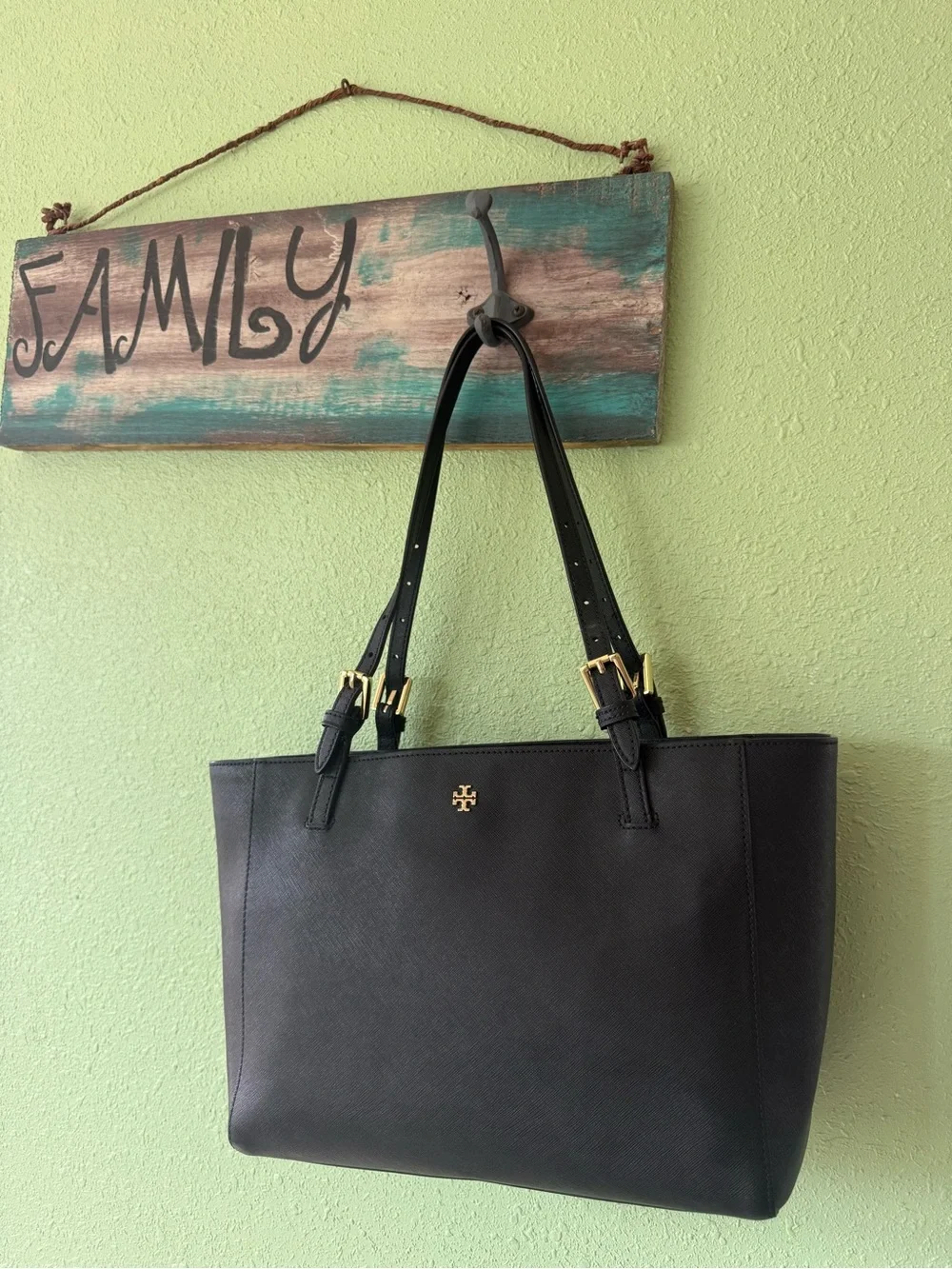 Tory Burch Black Leather Tote with Gold Logo and Buckles